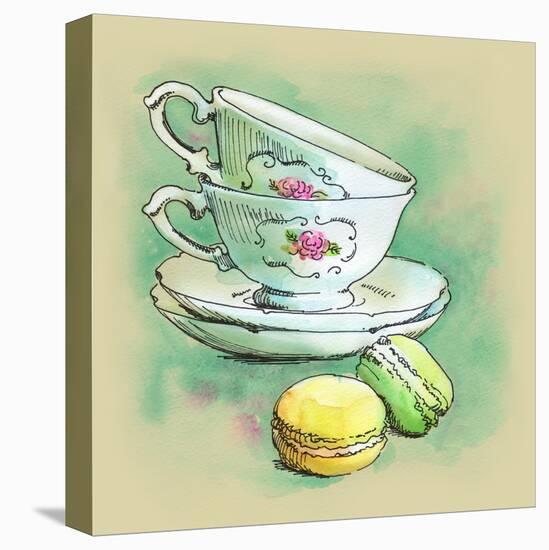 Painted Watercolor French Dessert Macaroons and Tea Cups-lozas-Stretched Canvas