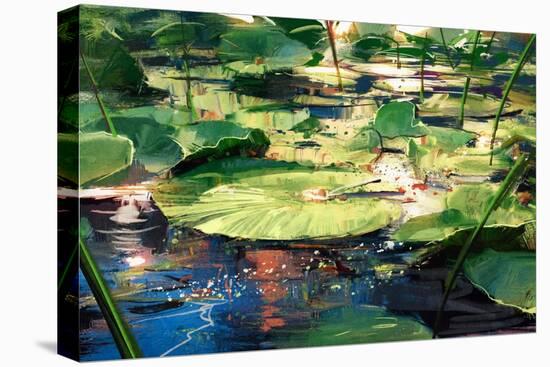 Painting Beautiful Showing Lotus Leaves in Pond,Illustration-Tithi Luadthong-Stretched Canvas