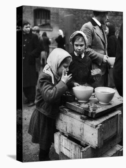 Pair of Russian Children Having a Meal of Molasses Bread and Coffee in a Displaced Persons Camp-null-Premier Image Canvas