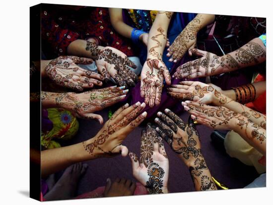 Pakistani Girls Show Their Hands Painted with Henna Ahead of the Muslim Festival of Eid-Al-Fitr-Khalid Tanveer-Premier Image Canvas