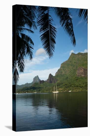 Palm Tree with Boat in the Background, Moorea, Tahiti, French Polynesia-null-Premier Image Canvas