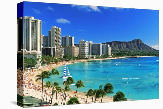 Palm trees on the beach, Diamond Head, Waikiki Beach, Oahu, Honolulu, Hawaii, USA-null-Premier Image Canvas