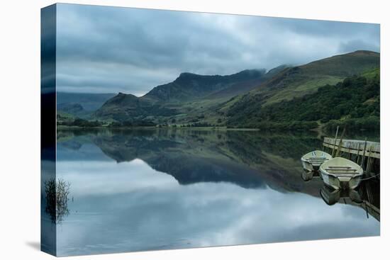 Panorama Landscape Rowing Boats on Lake with Jetty against Mountain Background-Veneratio-Premier Image Canvas