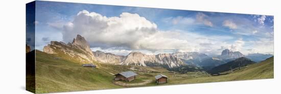 Panorama of green meadows and huts of the Odle mountain range seen from Seceda, Val Gardena, Trenti-Roberto Moiola-Premier Image Canvas