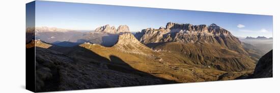 Panorama of Sass Beca Sassolungo and Piz Boa at dawn from Cima Belvedere, Canazei, Val di Fassa, Tr-Roberto Moiola-Premier Image Canvas