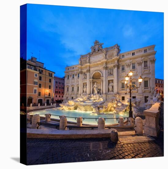 Panorama of Trevi Fountain Illuminated by Street Lamps and the Lights at Dusk, Rome, Lazio-Roberto Moiola-Premier Image Canvas