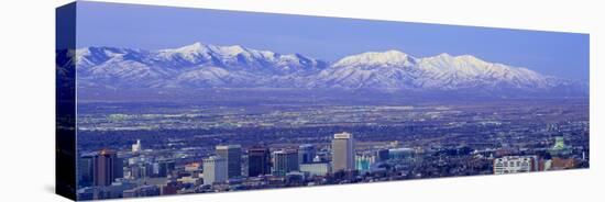 Panoramic Sunset of Salt Lake City with Snow Capped Wasatch Mountains-null-Stretched Canvas