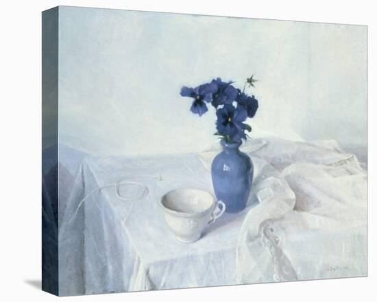Pansies in a Blue Vase-Arthur Easton-Stretched Canvas