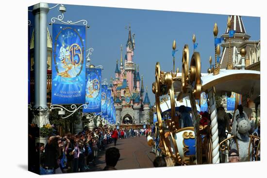 Parade in the Main Street U.S.A. with Sleeping Beauty's Castle, Disneyland Resort Paris-null-Stretched Canvas