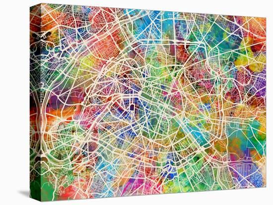 Paris France Street Map-Michael Tompsett-Stretched Canvas