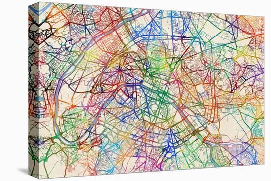 Paris France Street Map-Michael Tompsett-Stretched Canvas
