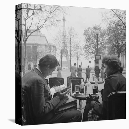 Parisian Couple Drinking Coca Cola at a Sidewalk Cafe While Reading, Paris, France, 1950-Mark Kauffman-Premier Image Canvas