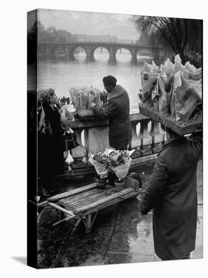 Parisian Flower Vendor at Work Stocking His Stall on the Seine with the Pont Neuf in the Background-Ed Clark-Premier Image Canvas