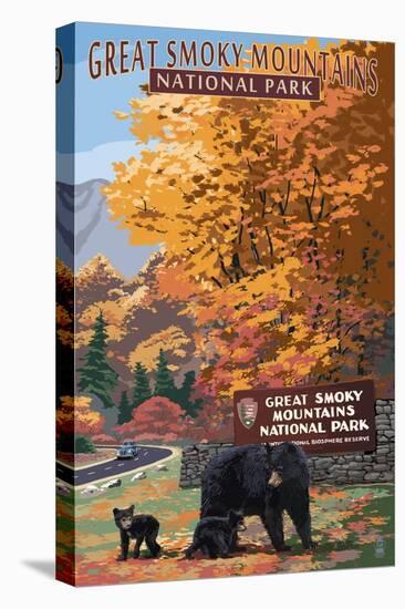 Park Entrance and Bear Family - Great Smoky Mountains National Park, TN-Lantern Press-Stretched Canvas