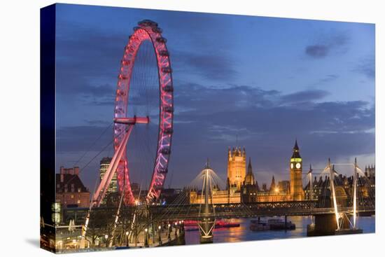 Parliament, London Eye and Jubilee Bridge on River Thames, London, UK-Peter Adams-Premier Image Canvas