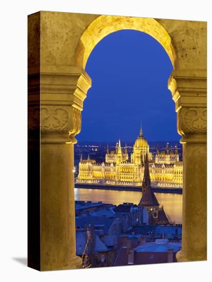 Parliament (Orszaghaz) Through Arches of Fishermen's Bastion (Halaszbastya) at Dusk, UNESCO World H-Stuart Black-Premier Image Canvas