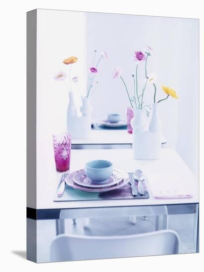 Pastel-Coloured Table Setting and Vases of Flowers on Table-Alexander Van Berge-Premier Image Canvas