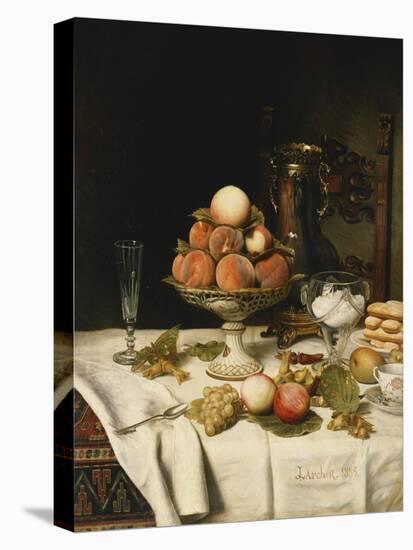 Peaches in a Dresden Tazza, Grapes, Apples, Hazelnuts and Biscuits on a Draped Table-Jules Larcher-Premier Image Canvas