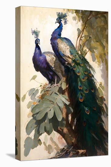 Peacock and Peahen on the tree branch-Vivienne Dupont-Stretched Canvas