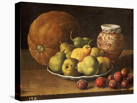 Pears on a Plate, a Melon, Plums, and a Decorated Manises Jar with Plums on a Wooden Ledge-Luis Melendez-Premier Image Canvas