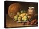 Pears on a Plate, a Melon, Plums, and a Decorated Manises Jar with Plums on a Wooden Ledge-Luis Melendez-Premier Image Canvas