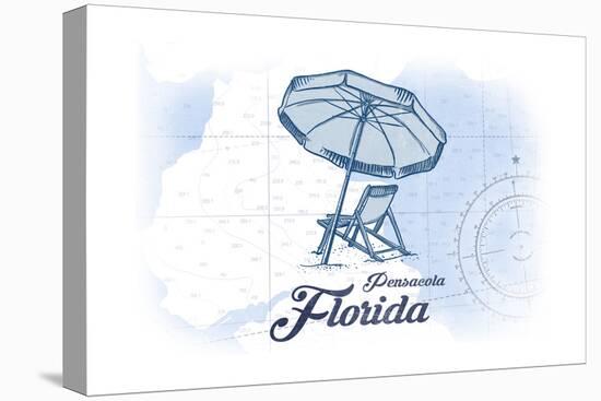 Pensacola, Florida - Beach Chair and Umbrella - Blue - Coastal Icon-Lantern Press-Stretched Canvas