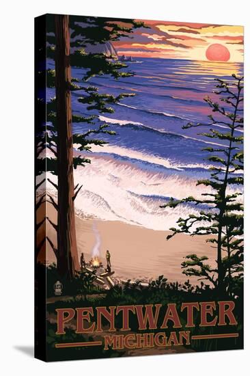 Pentwater, Michigan - Sunset on Beach-Lantern Press-Stretched Canvas