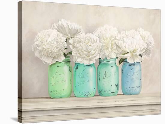 Peonies in Mason Jars-Jenny Thomlinson-Stretched Canvas