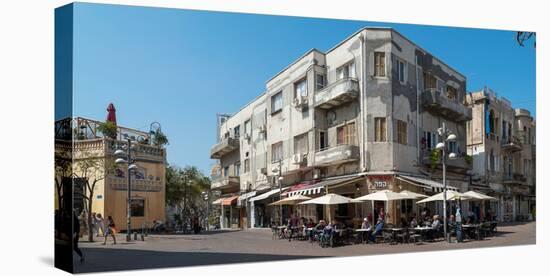 People at sidewalk cafe on the street, Nahalat Binyamin Street, White City, Tel Aviv, Israel-null-Premier Image Canvas