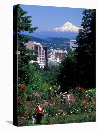 People at the Washington Park Rose Test Gardens with Mt Hood, Portland, Oregon, USA-Janis Miglavs-Premier Image Canvas