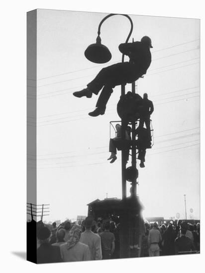 Perched on a Railroad Signal Youths Waiting to See a Glimpse of Adlai E. Stevenson-Cornell Capa-Premier Image Canvas