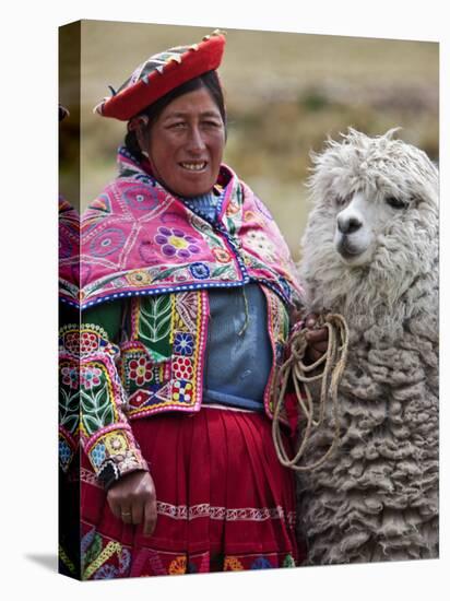 Peru, a Female with an Alpaca at Abra La Raya-Nigel Pavitt-Premier Image Canvas