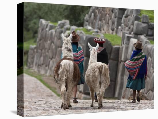 Peru, Native Indian Women Lead their Llamas Past the Ruins of Saqsaywaman-Nigel Pavitt-Premier Image Canvas