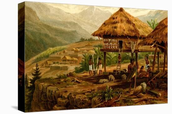 Philippine Village with Natives and Grass Guts on Stilts-F.W. Kuhnert-Stretched Canvas