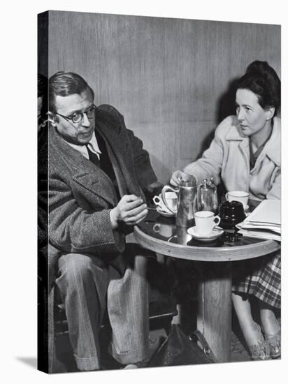 Philosopher Writer Jean Paul Sartre and Simone de Beauvoir Taking Tea Together-David Scherman-Premier Image Canvas