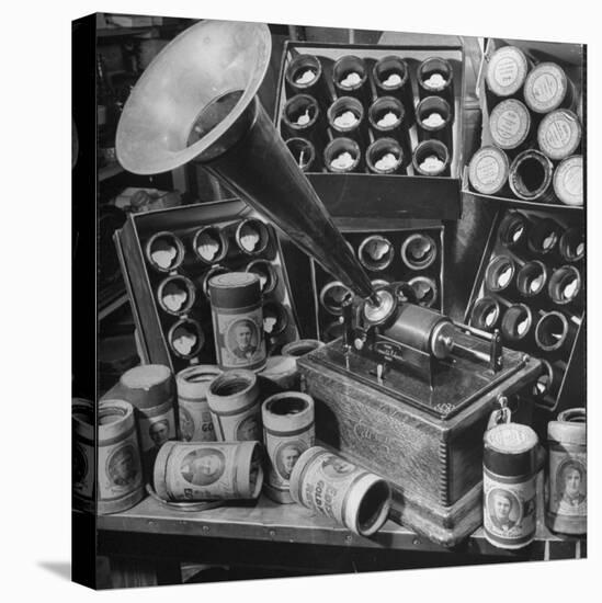 Phonograph Invented by Thomas A. Edison Sitting on Table with Boxes of Cylindrical Records-null-Premier Image Canvas