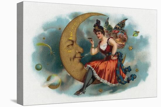Picant Brand Cigar Box Label, Fairy Woman Smoking on the Moon-Lantern Press-Stretched Canvas