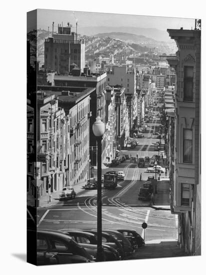 Picturesque View of Cable Car Coming Up the Hill in Light Auto Traffic-Andreas Feininger-Premier Image Canvas