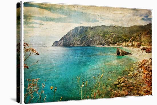 Picturesue Italian Coast - Artwork In Retro Painting Style-Maugli-l-Stretched Canvas