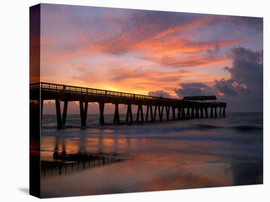 Pier at Sunrise with Reflections of Clouds on Beach, Tybee Island, Georgia, USA-Joanne Wells-Premier Image Canvas