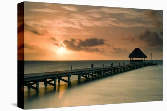 Pier with Palapa at Sunrise, Ambergris Caye, Belize-null-Stretched Canvas