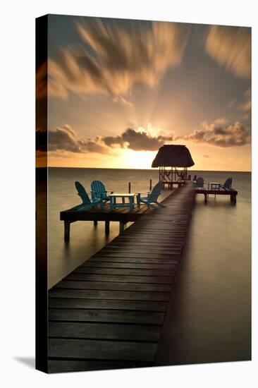 Pier with Palapa on Caribbean Sea at Sunrise, Caye Caulker Pier, Belize-null-Stretched Canvas