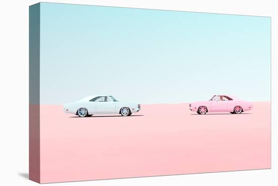 Pink and Blue Vintage Muscle Car Head to Head Race Meet Desert Sand Blue Sky Sunny-Paul Campbell-Premier Image Canvas