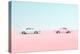 Pink and Blue Vintage Muscle Car Head to Head Race Meet Desert Sand Blue Sky Sunny-Paul Campbell-Premier Image Canvas