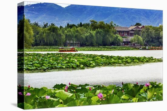 Pink Lotus Pads Garden Boat Buildings Summer Palace, Beijing, China-William Perry-Premier Image Canvas