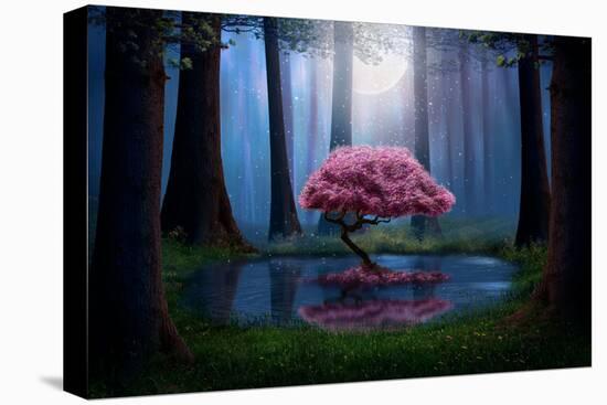 Pink Tree and Pond in the Forest at Night. Photomanipulation.-null-Premier Image Canvas