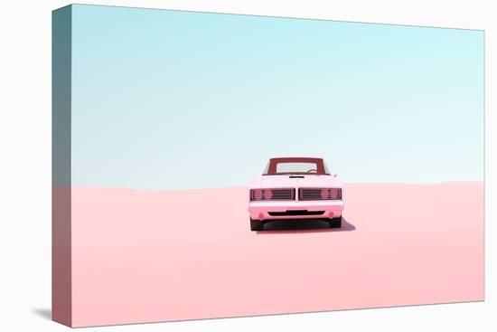 Pink Vintage Muscle Car Desert Sand Blue Sky Sunny Road Trip Rest Break Isolated Driving Pastel Ser-Paul Campbell-Premier Image Canvas
