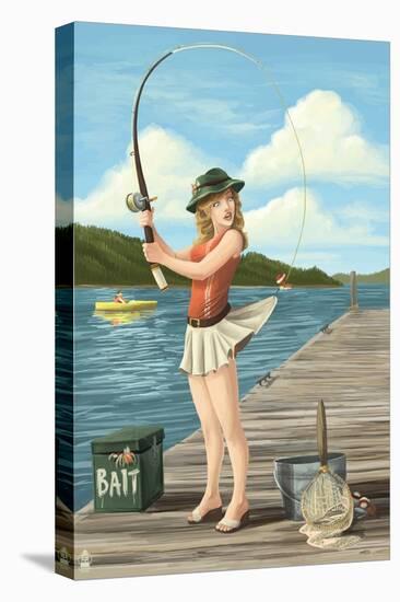 Pinup Girl Fishing on Lake-Lantern Press-Stretched Canvas