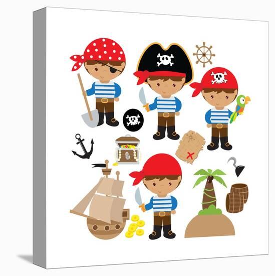 Pirate,Boy,Pirate Ship, Treasure Chest, Island, Palm Tree, Map, Skull, Jolly Roger, Parrot-Svetlana Peskin-Stretched Canvas