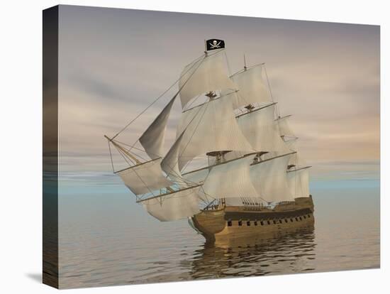 Pirate Ship with Black Jolly Roger Flag Sailing the Ocean-null-Stretched Canvas